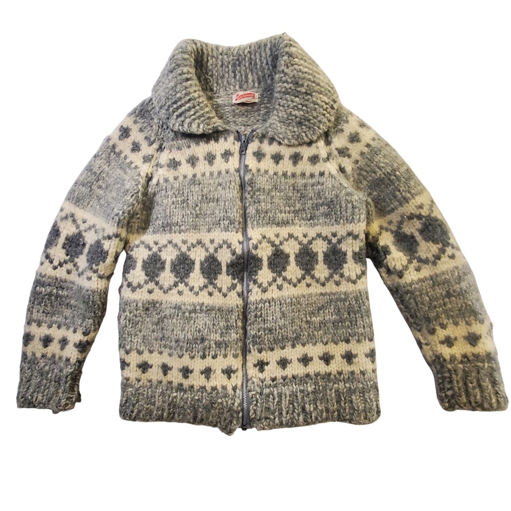 Vtg 70s Handmade Wool Cowichan Sweater Jacket Nordic Fair Isle Full Zip Small